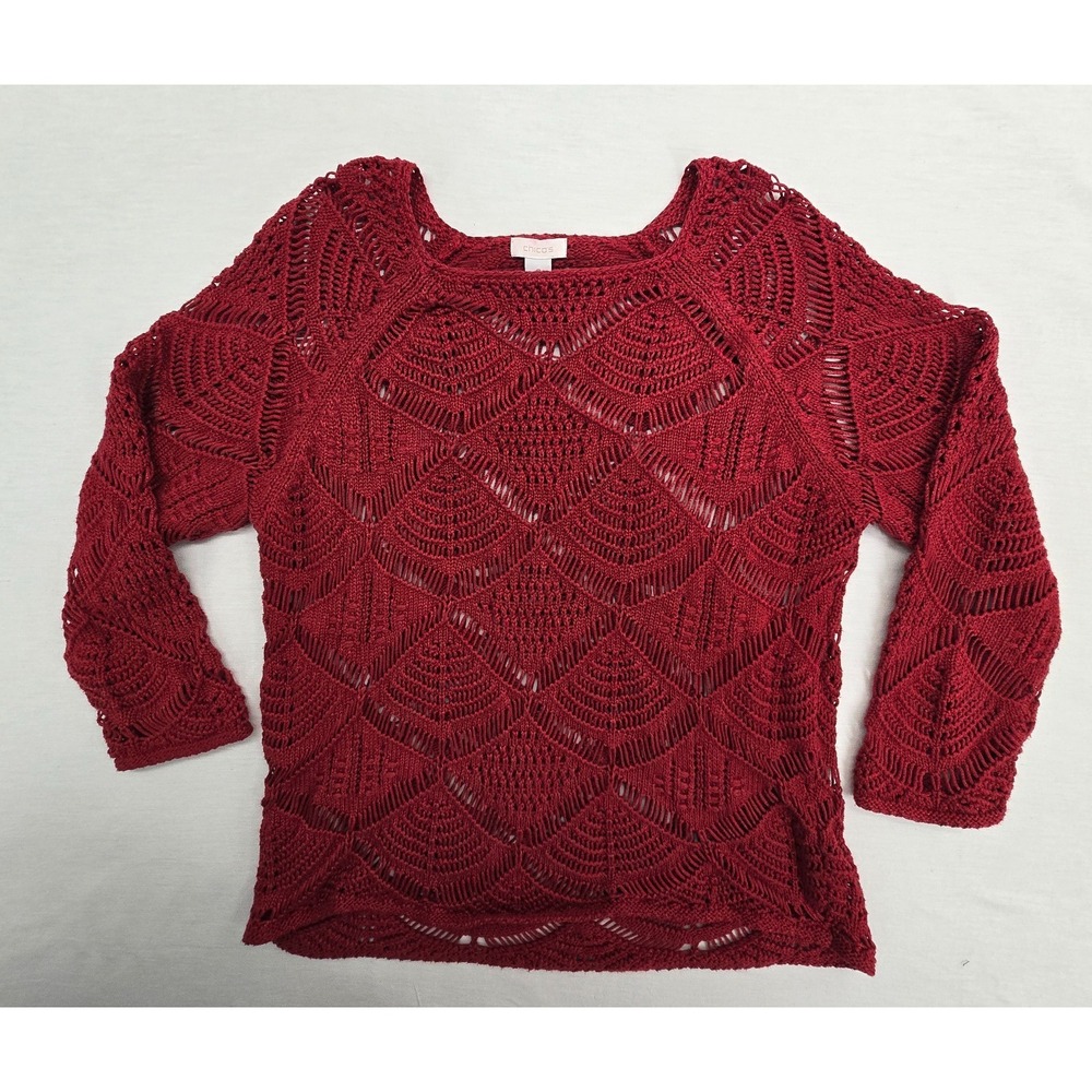 Chico's L Open Crochet Red Summer Sweater Romantic Beach Granny Core